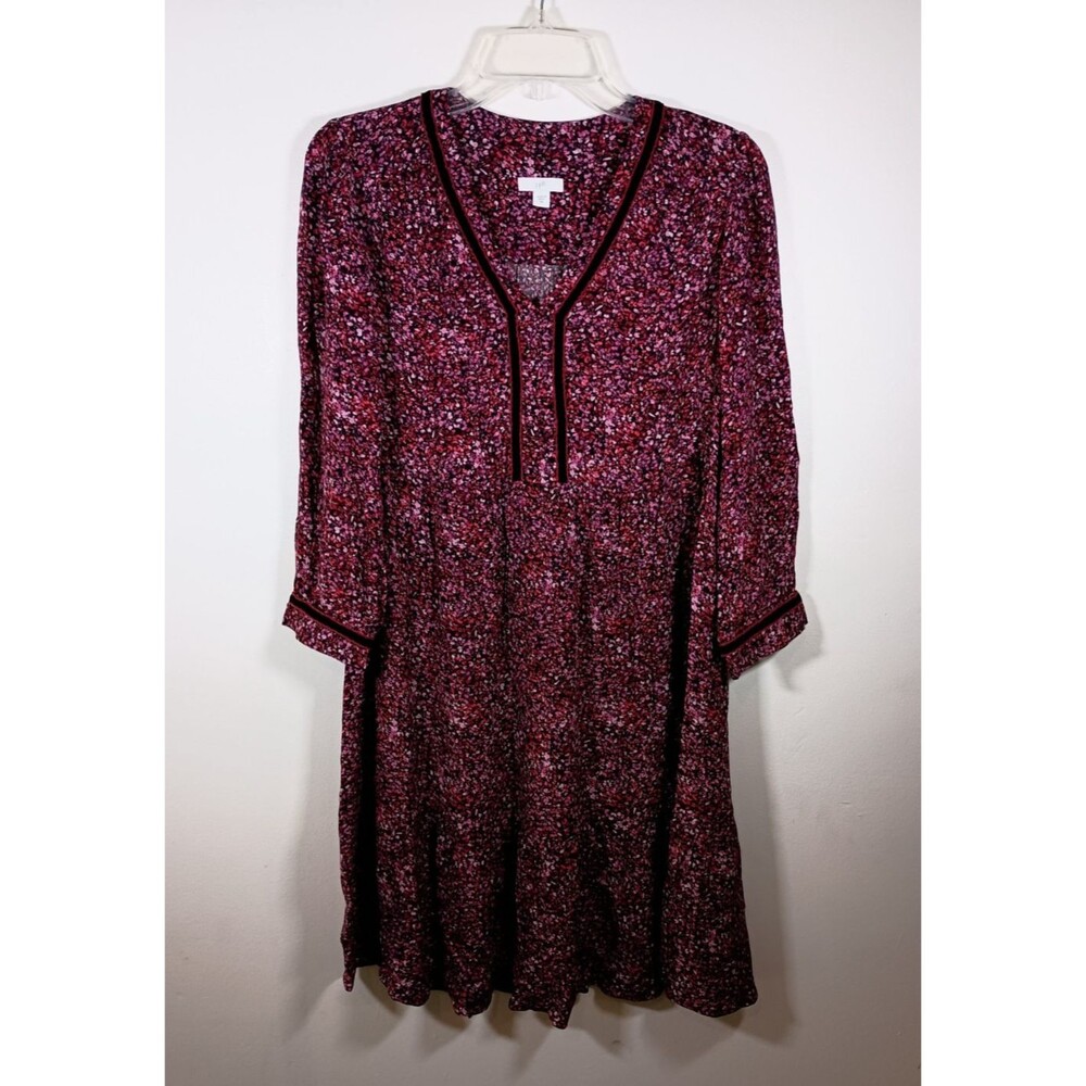 J Jill Dress Pink Floral Knee Length Velvet Trim Long Sleeve V Neck Size XS